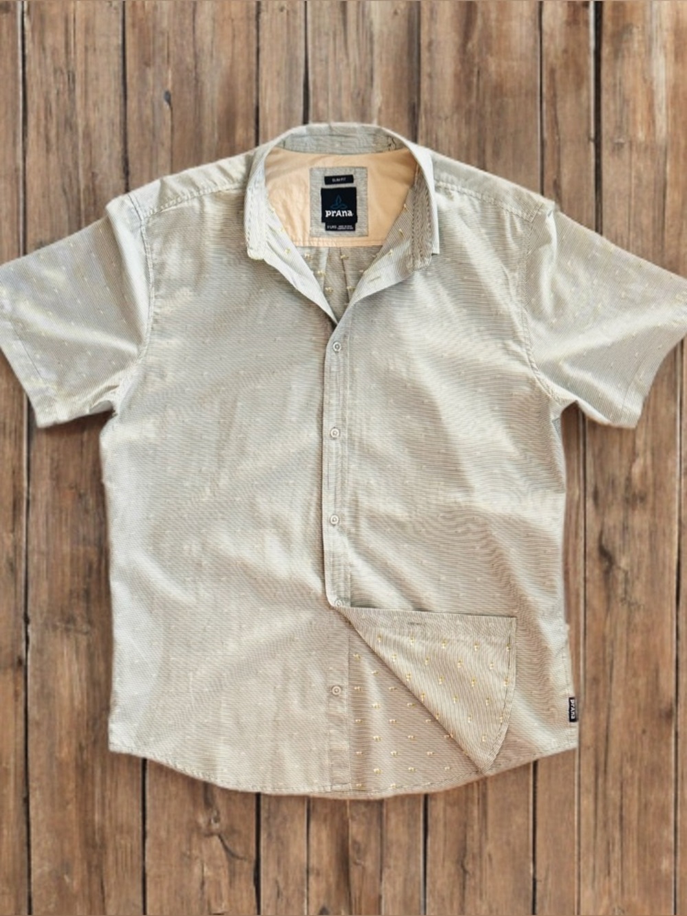 prAna Men's Short-Sleeve Button-Up Shirt in Light Sage, slim fit extra large.
